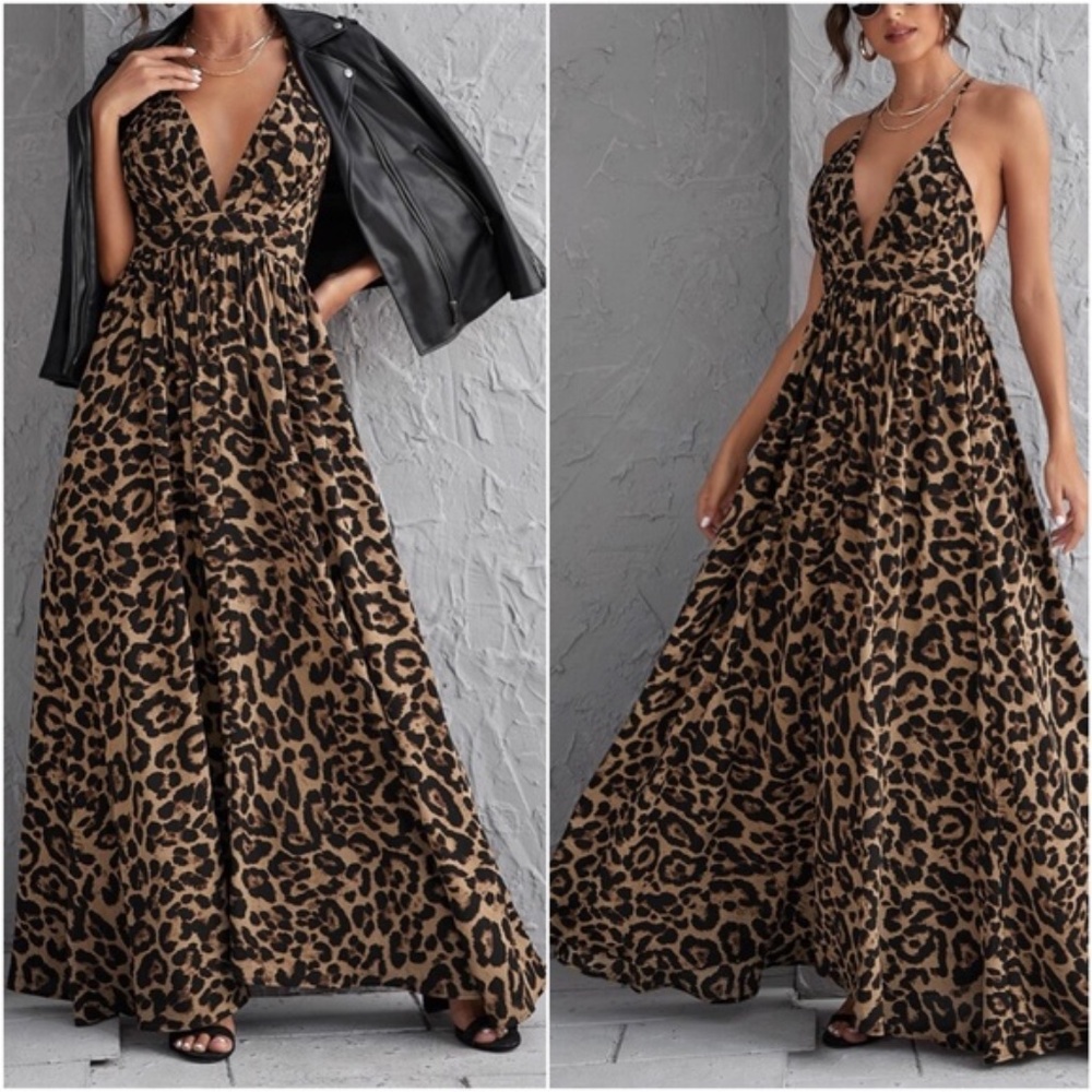 Leopard Print Camel Criss Cross Maxi Dress Party - Picture 2 of 4